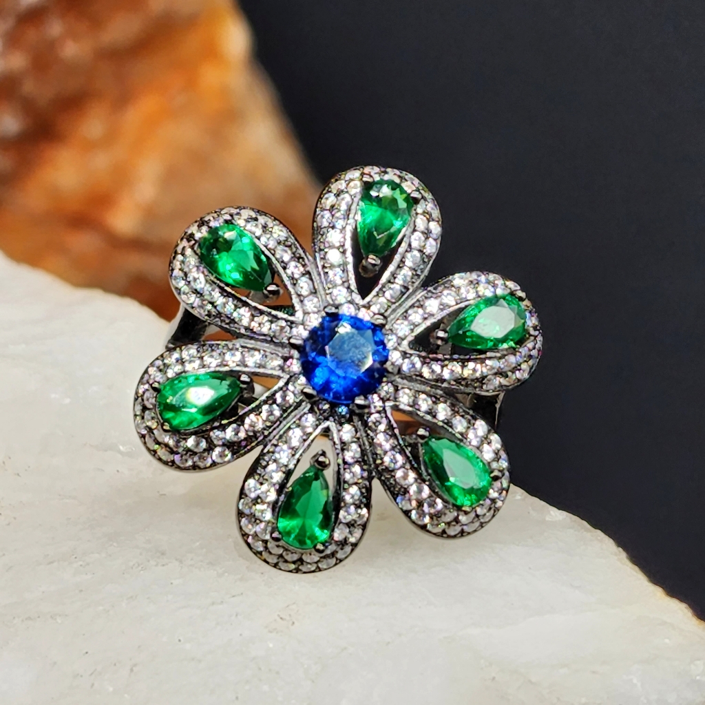 Solid Sterling Silver 925 Ring Designer Jewelry Sapphire Gem Floral Design